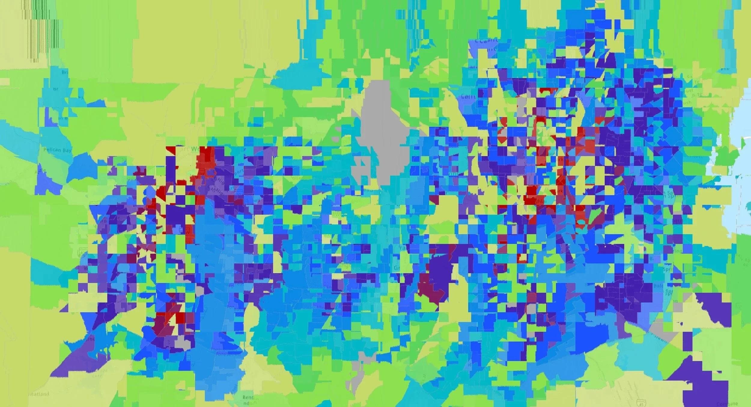 Blue, green and red glitched map.